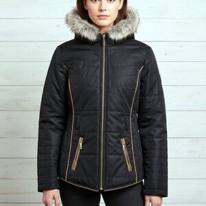 GUESS Black Puffer Jacket Women's (S) Faux Fur Hood Gold Zippers Winter Coat EUC